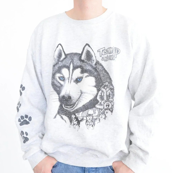 VTG 90'S Little Brownie Originals Gray Huskies Portrait Boxy Crew  Neck Sweater - Picture 1 of 13